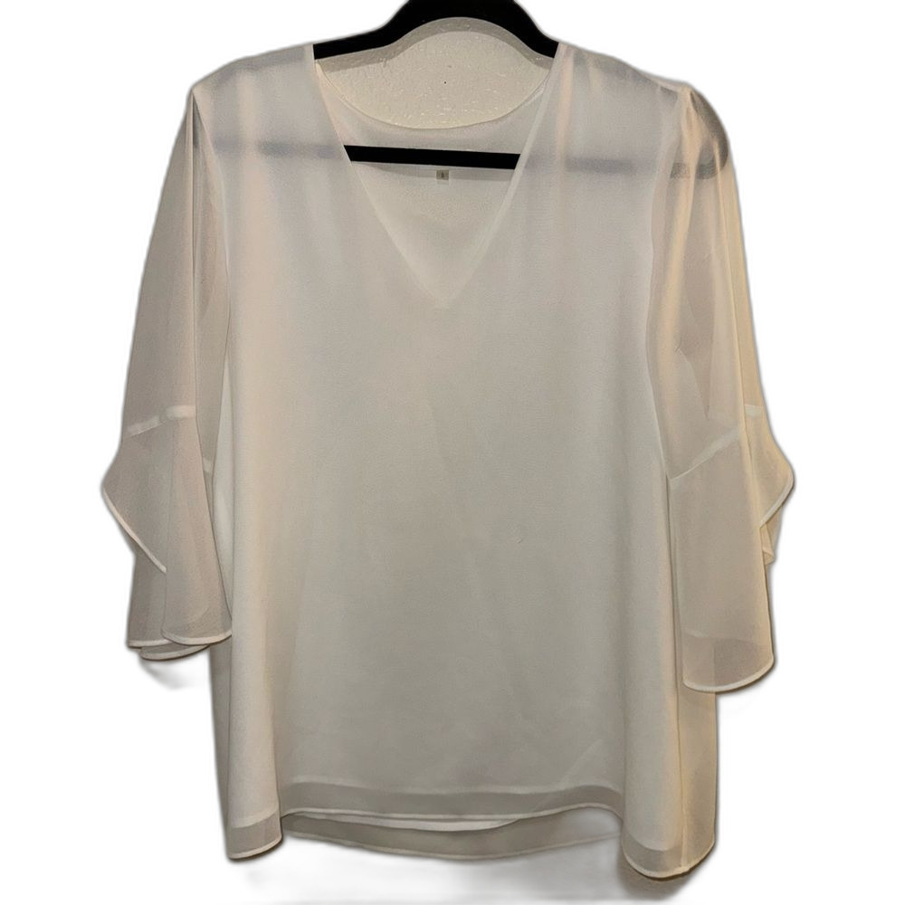 Calvin Klein White Solid Sheer Short Sleeve V Neck Blouse Large
